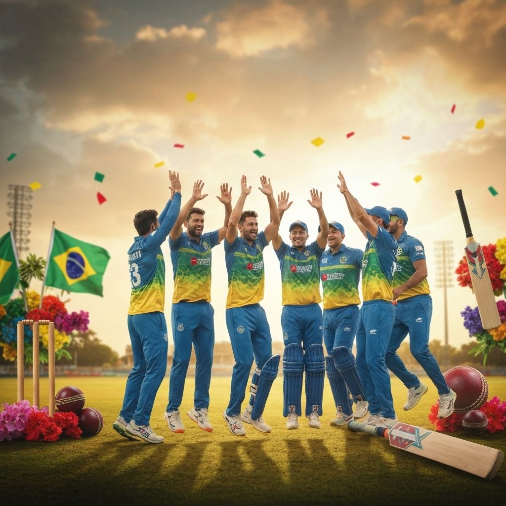 Time de cricket brasileiro comemorando